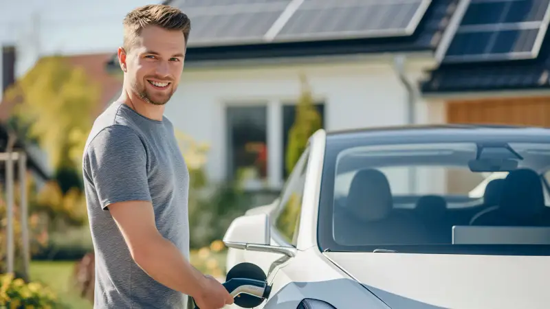 Junger Mann lädt ein E-Auto